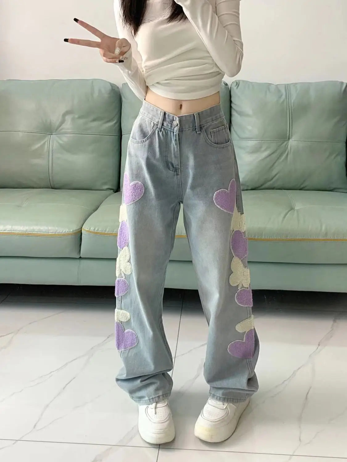 Jean Femme Jambes Larges Brodé