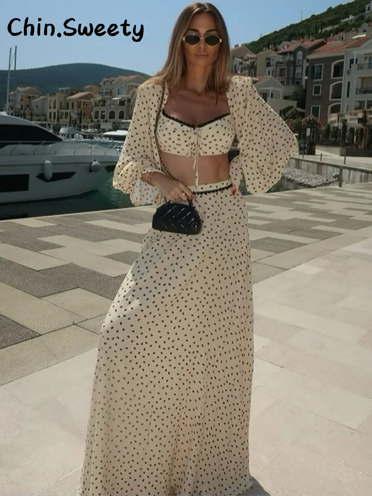 Ensemble Femme Élégance – Crop Top & Jupe Longue à Pois