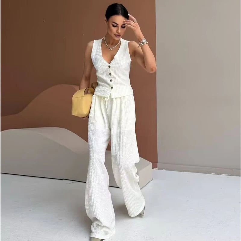 Ensemble Femme 2 Pièces Texturé – Haut & Pantalon Élégant