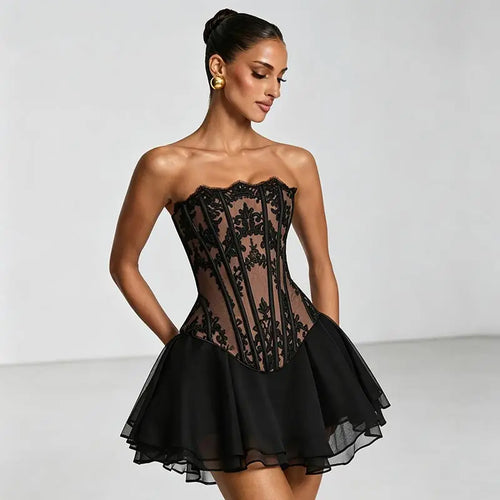 Lace Bone Corset Women Two Piece Set Back Lace Up Fitted Top Double Layer Tulle Flare Mini Skirt Evening Party Daily Outfit