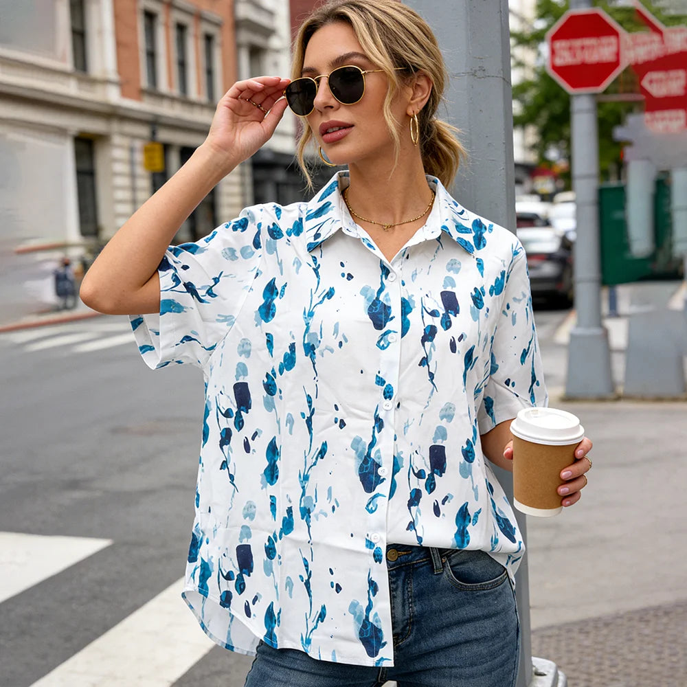 Chemisier Bleu Manches Courtes