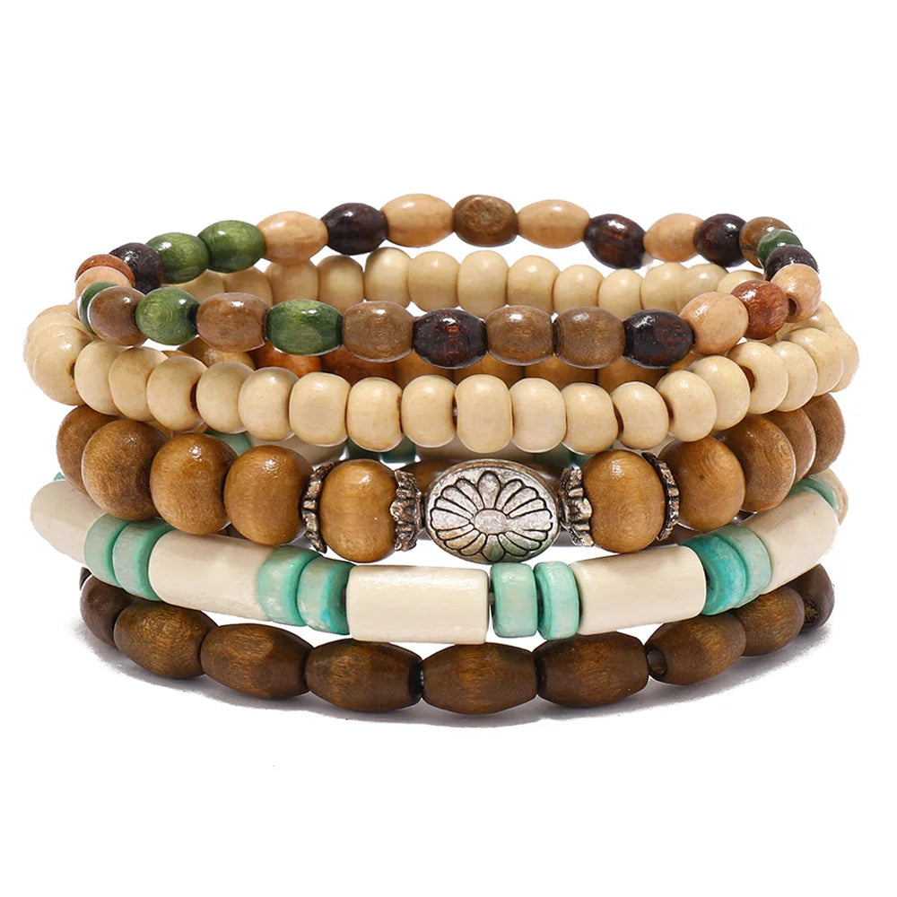 Bracelet Vintage Multicouche en Perles de Bois