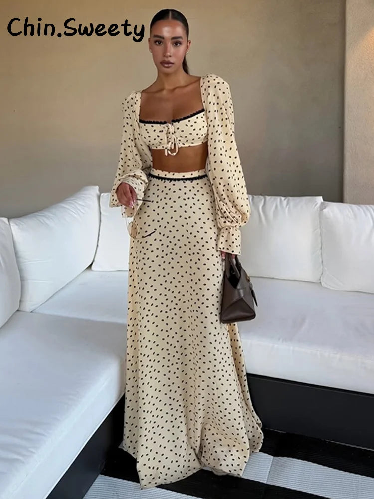 Ensemble Femme Élégance – Crop Top & Jupe Longue à Pois