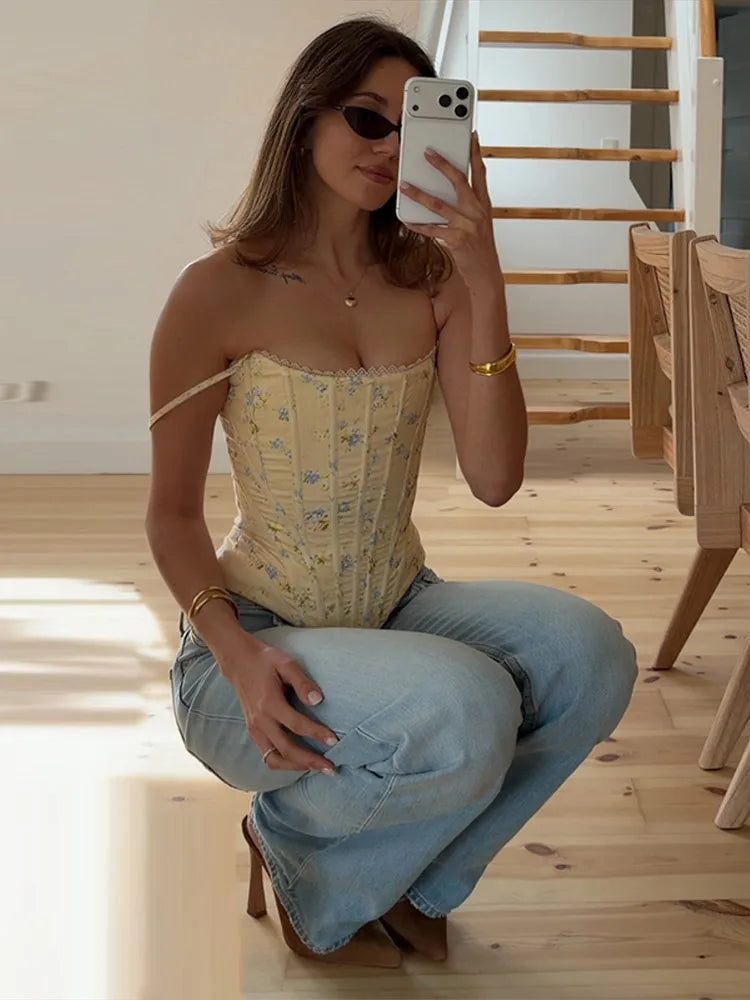Corset Fleuri Femme Jaune
