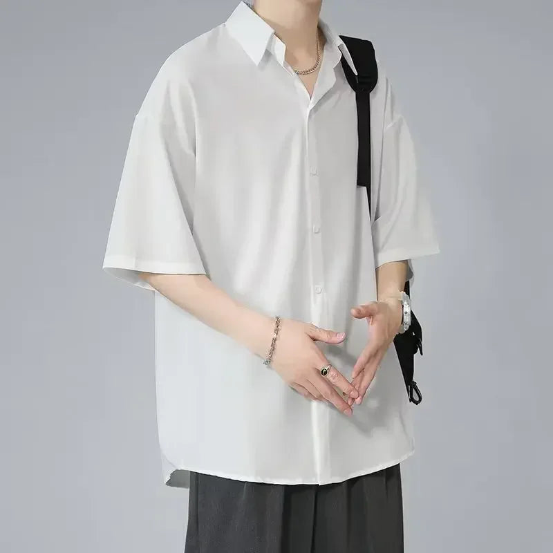 Chemise Noire Homme – Manches Courtes Effet Soie