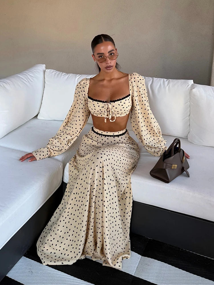 Ensemble Femme Élégance – Crop Top & Jupe Longue à Pois
