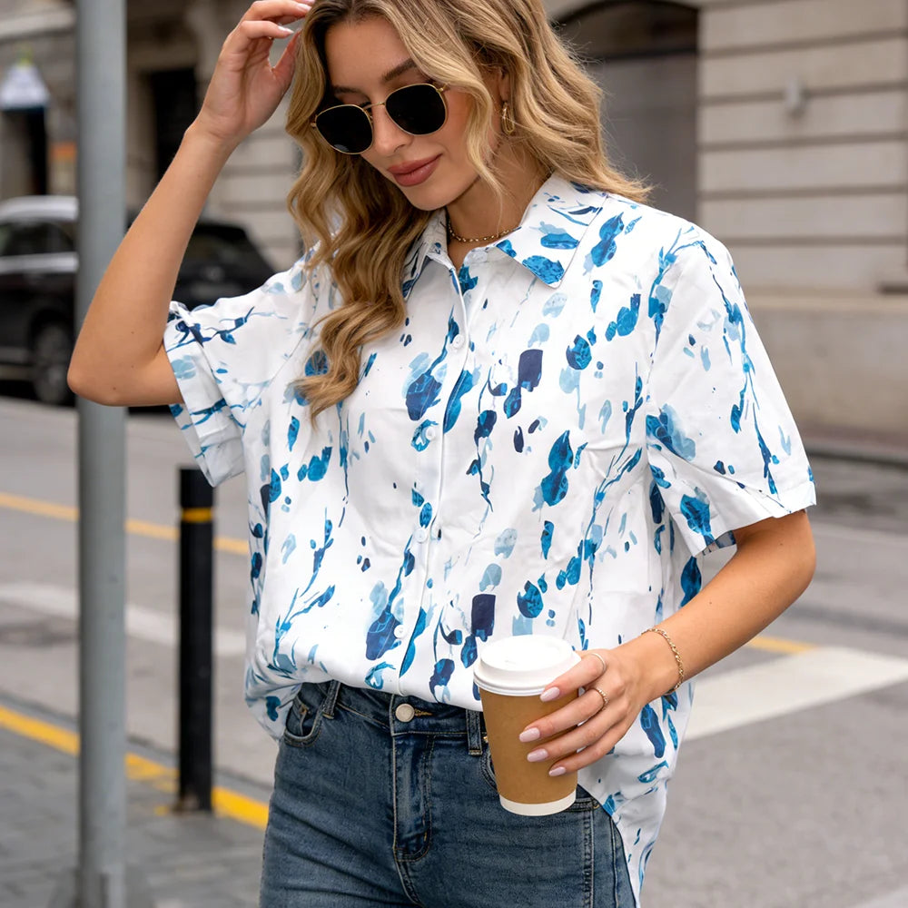 Chemisier Bleu Manches Courtes