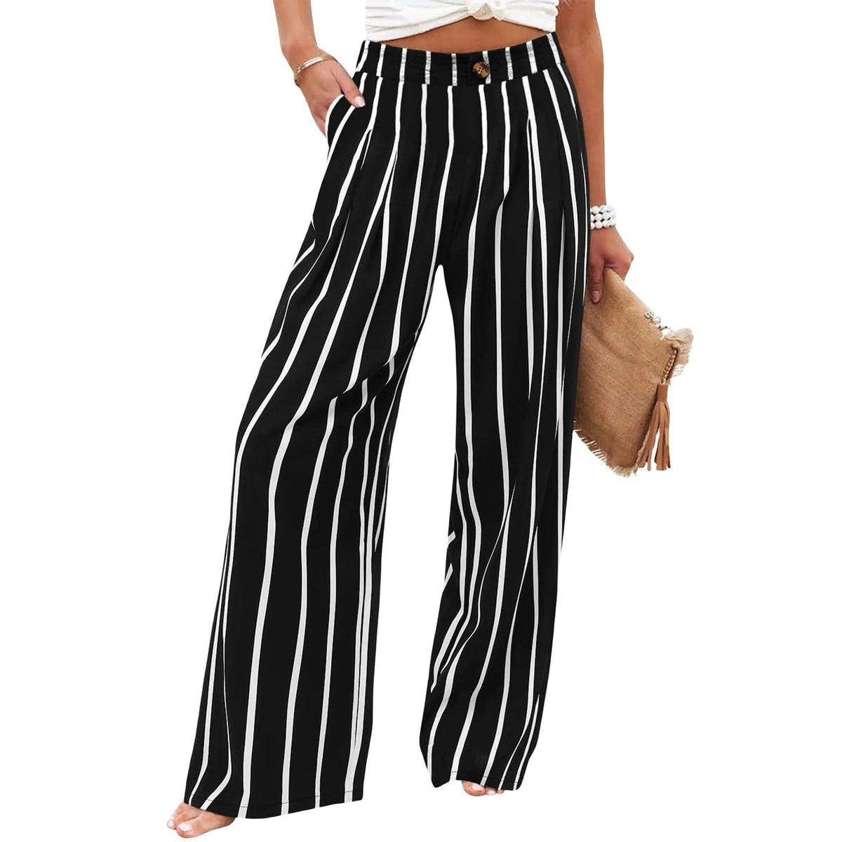 Pantalon Rayé Taille Haute Femme