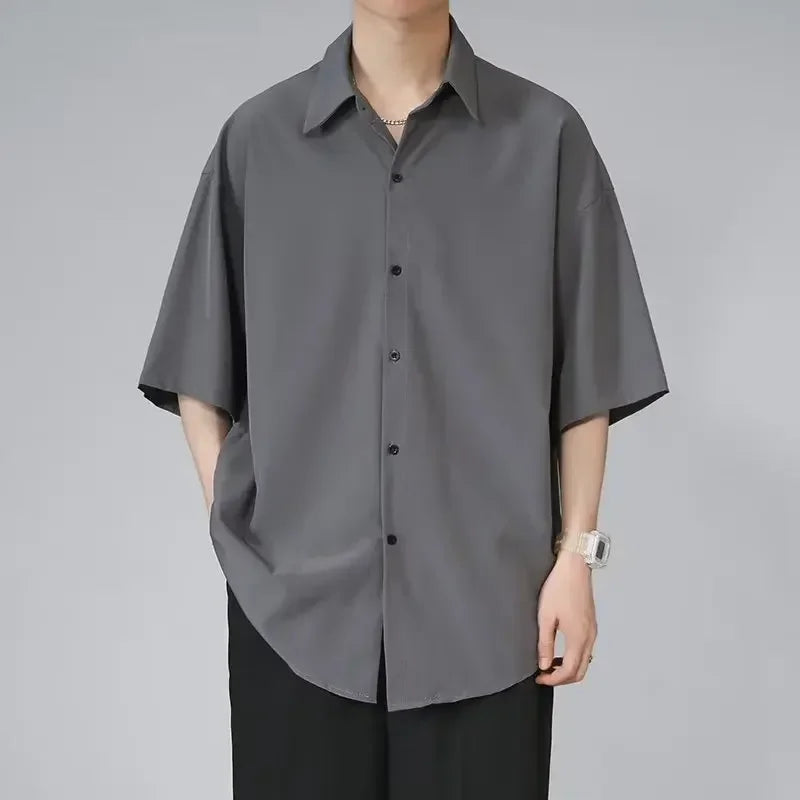 Chemise Noire Homme – Manches Courtes Effet Soie