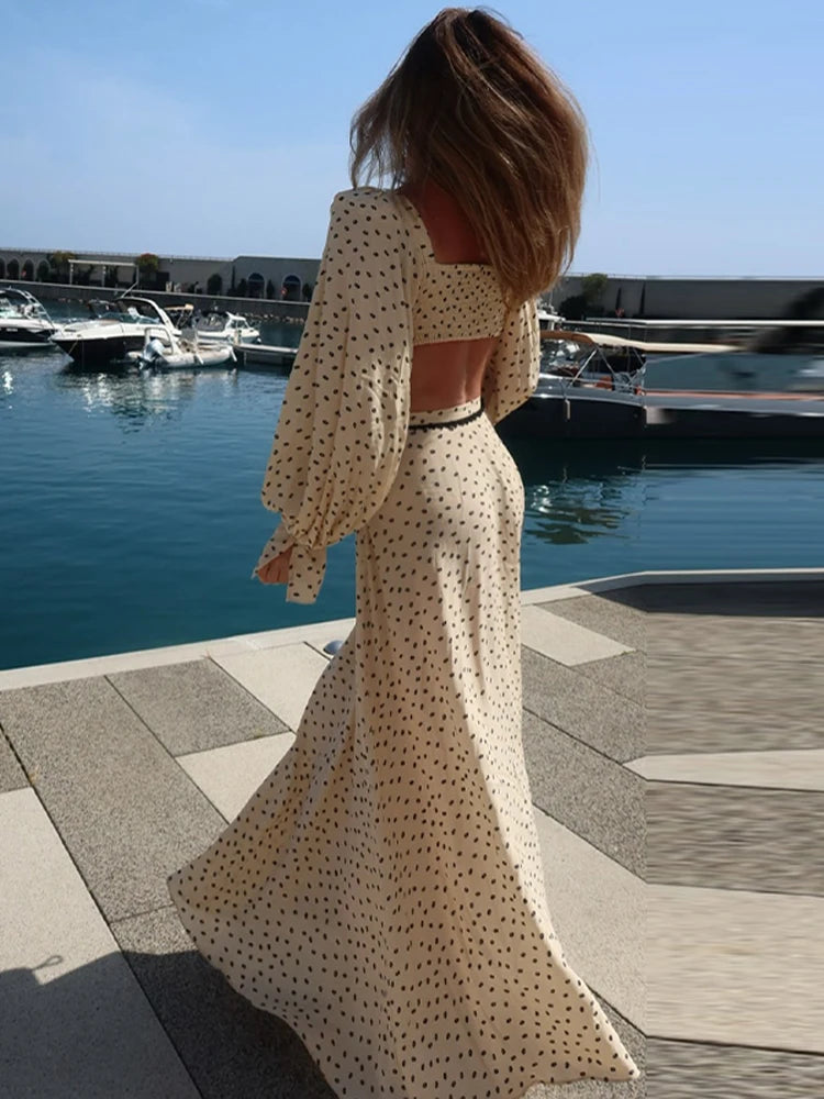 Ensemble Femme Élégance – Crop Top & Jupe Longue à Pois