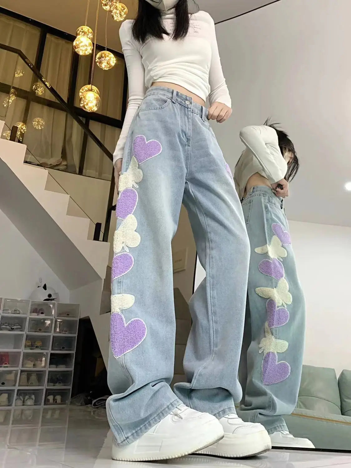 Jean Femme Jambes Larges Brodé