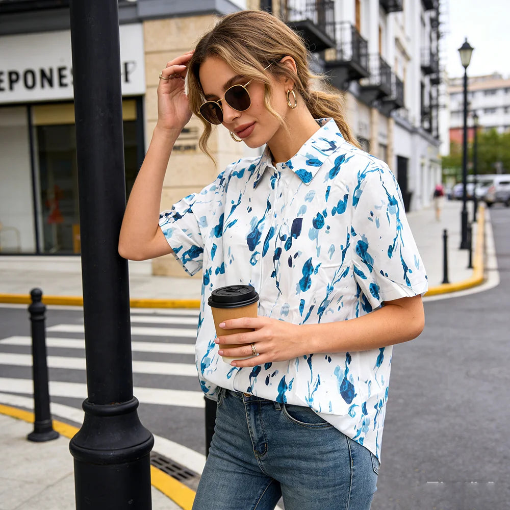 Chemisier Bleu Manches Courtes