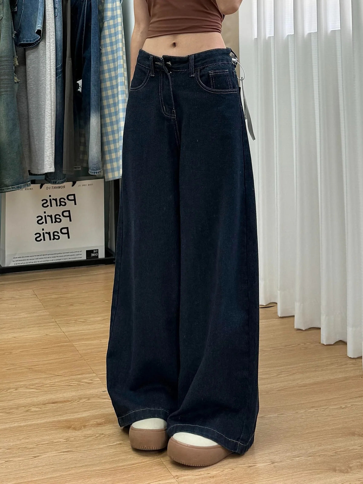 Jean Taille Haute Jambes Larges Bleu Marine