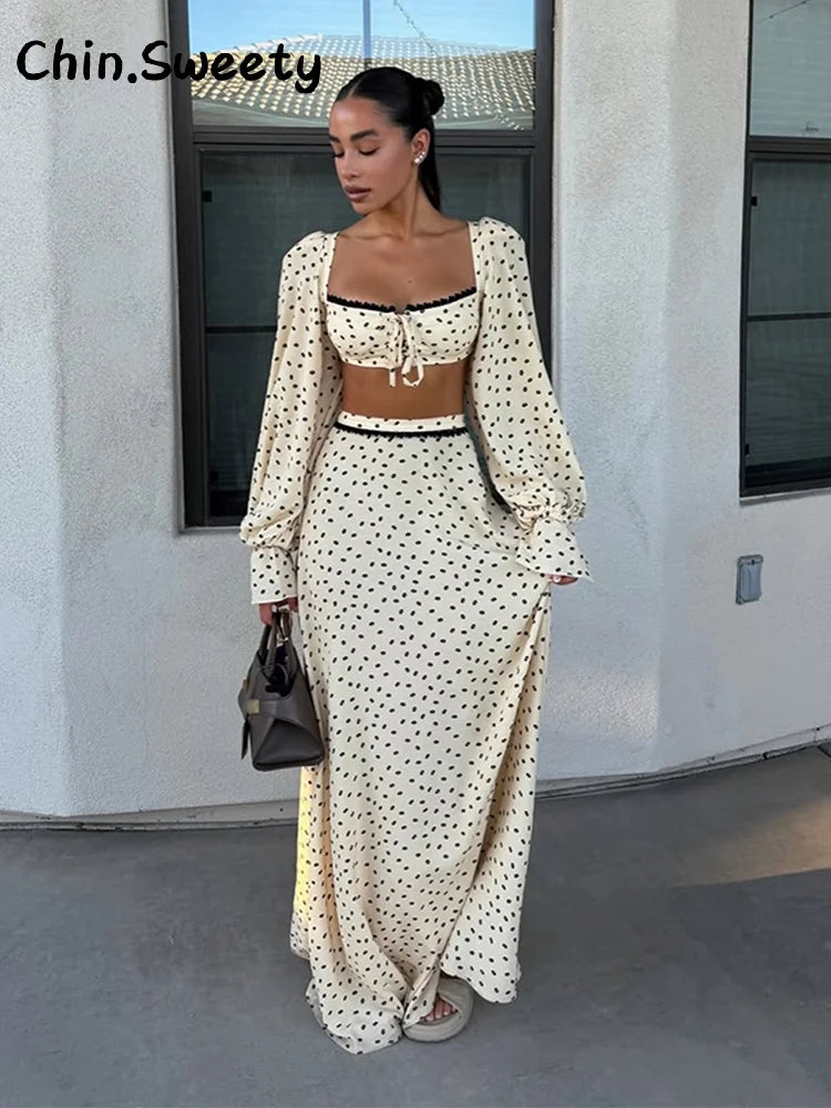 Ensemble Femme Élégance – Crop Top & Jupe Longue à Pois